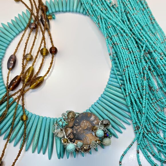 Vintage Necklace Lot Boho Statement Turquoise Howlite Ammonite Set of 3 Bohemian - Picture 6 of 7